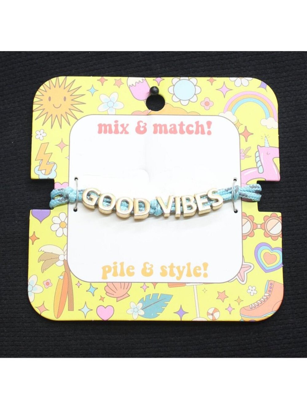 NWT Unique Designs Good Vibes Paracord Adjustable Charm Bracelet Blue / Gold